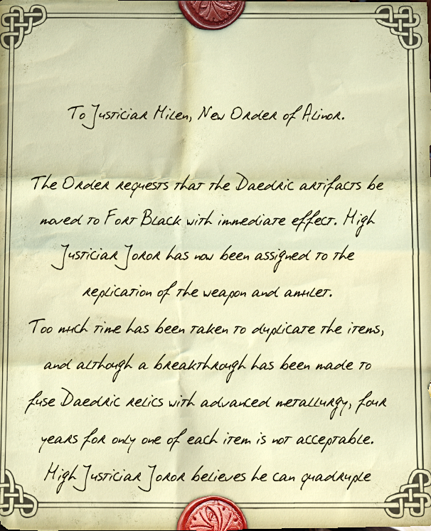 Page One of Letter To Justiciar Milen of the New Order.