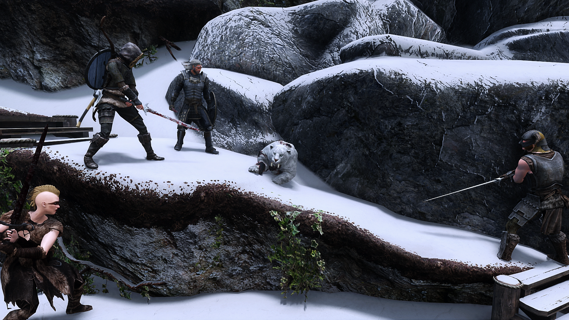 Rigmor, The Dragonborn, The Nord Guards, and the Saber-tooth